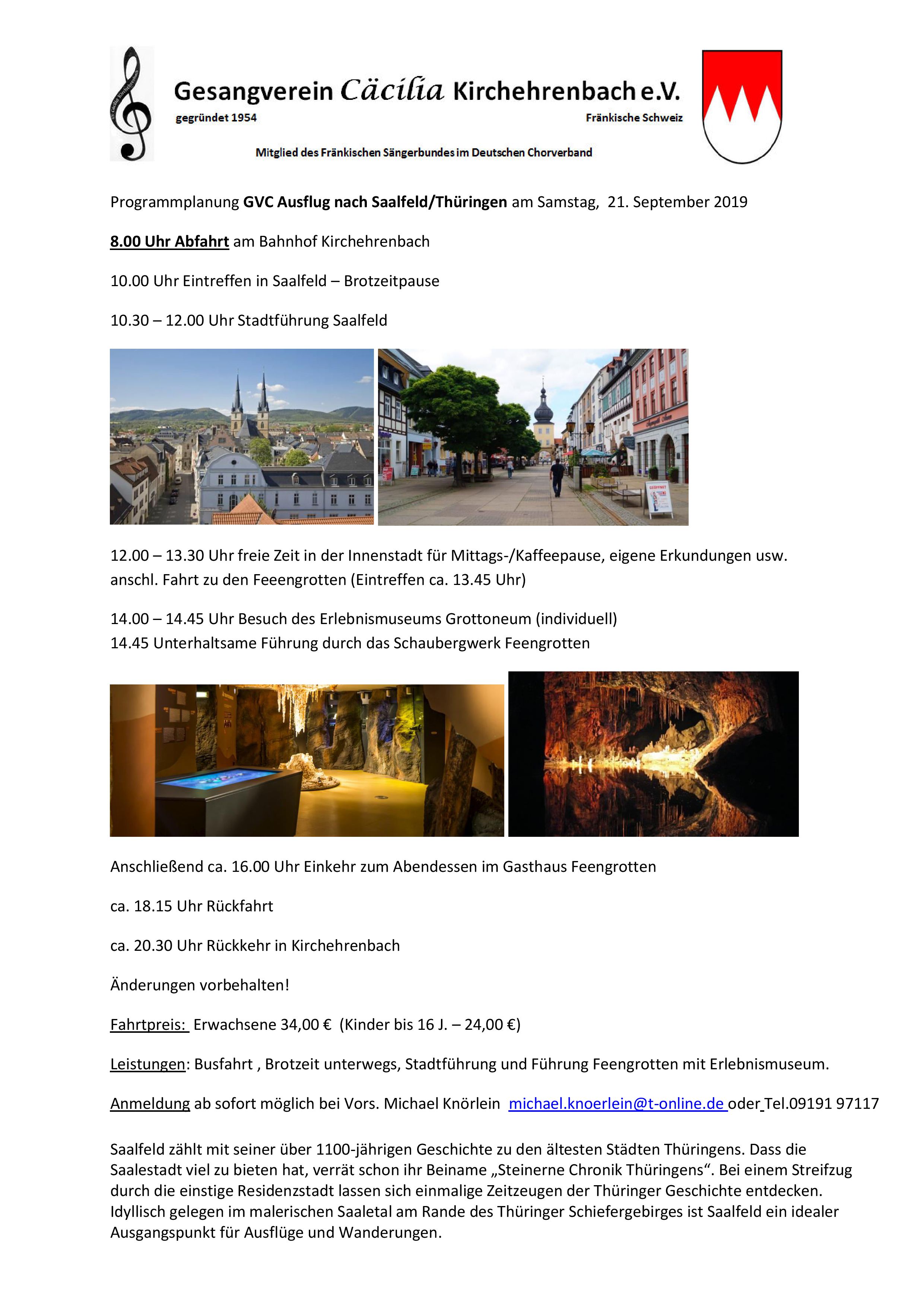 Programmplanung GVC Ausflug nach Saalfeld 21.09.2019